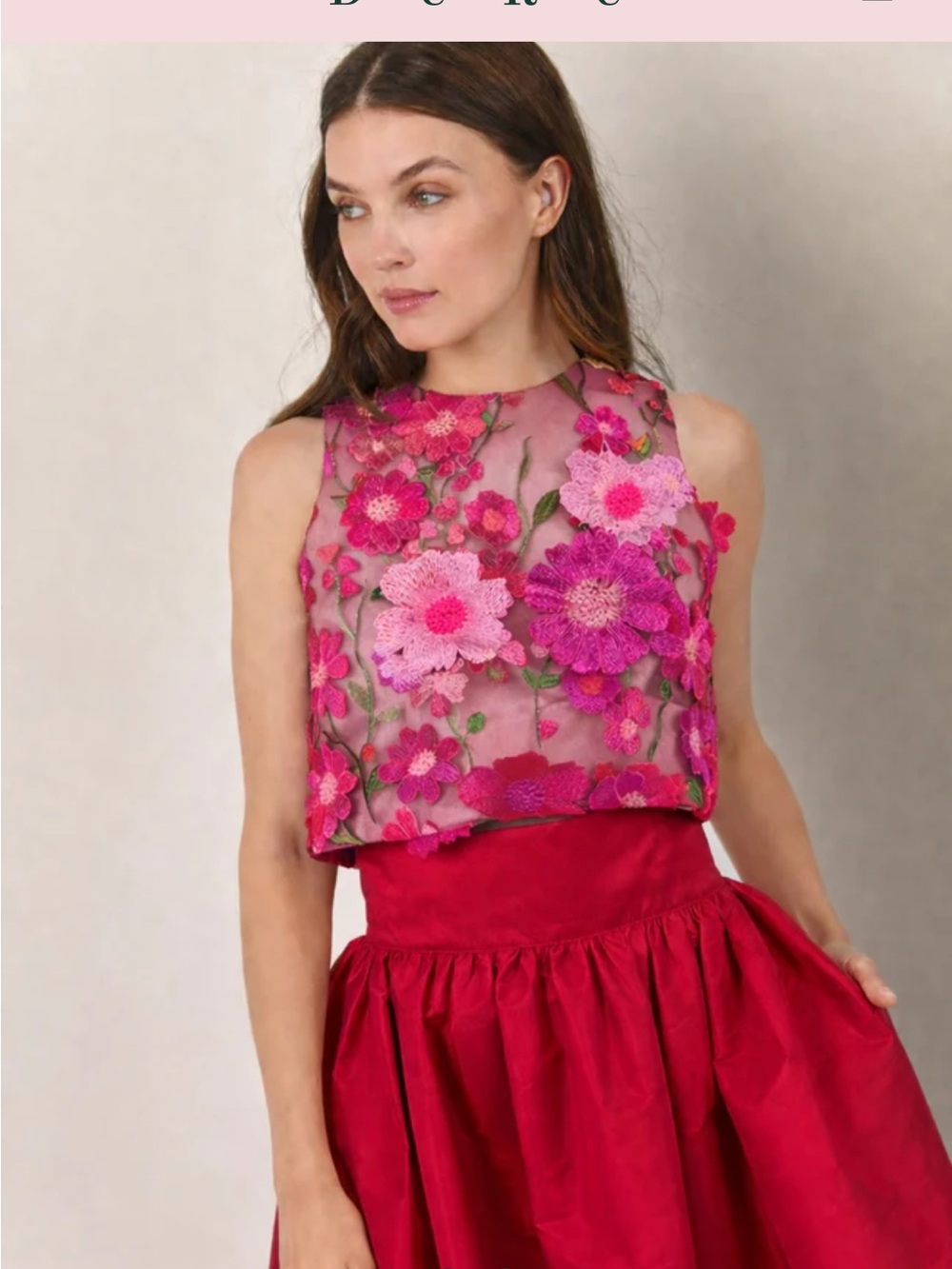 BURU Audrey Top, Embroidered Floral Sheer Crop Top in Fuchsia Pink
